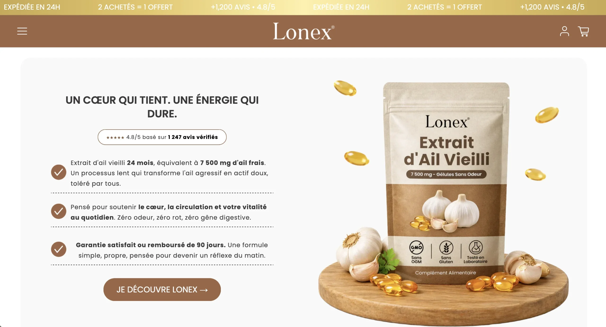 Page publicitaire du marque Lonex affichant un sachet d'Extrait d'Ail Vieilli et une liste de bénéfices santé.