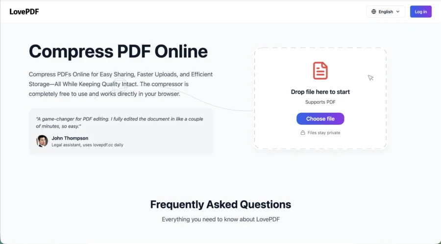 Interface web permettant de compresser des fichiers PDF via un simple glisser-déposer ou une sélection de fichier.