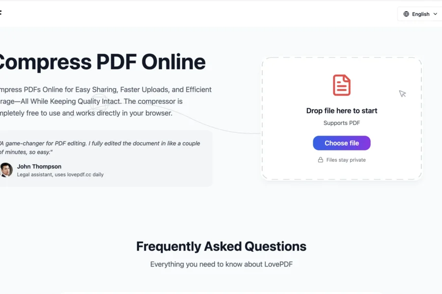 Interface web permettant de compresser des fichiers PDF via un simple glisser-déposer ou une sélection de fichier.
