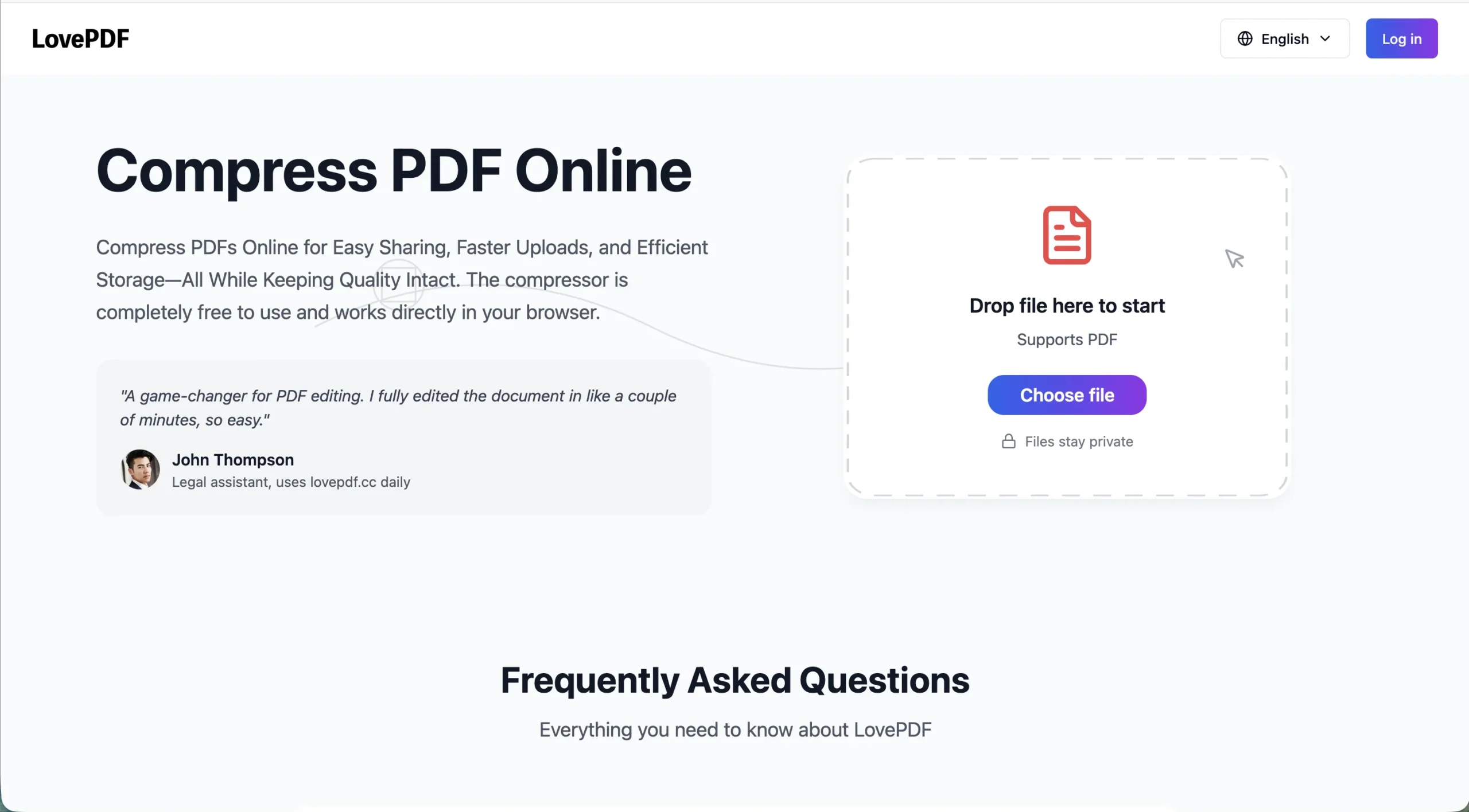 Interface web permettant de compresser des fichiers PDF via un simple glisser-déposer ou une sélection de fichier.