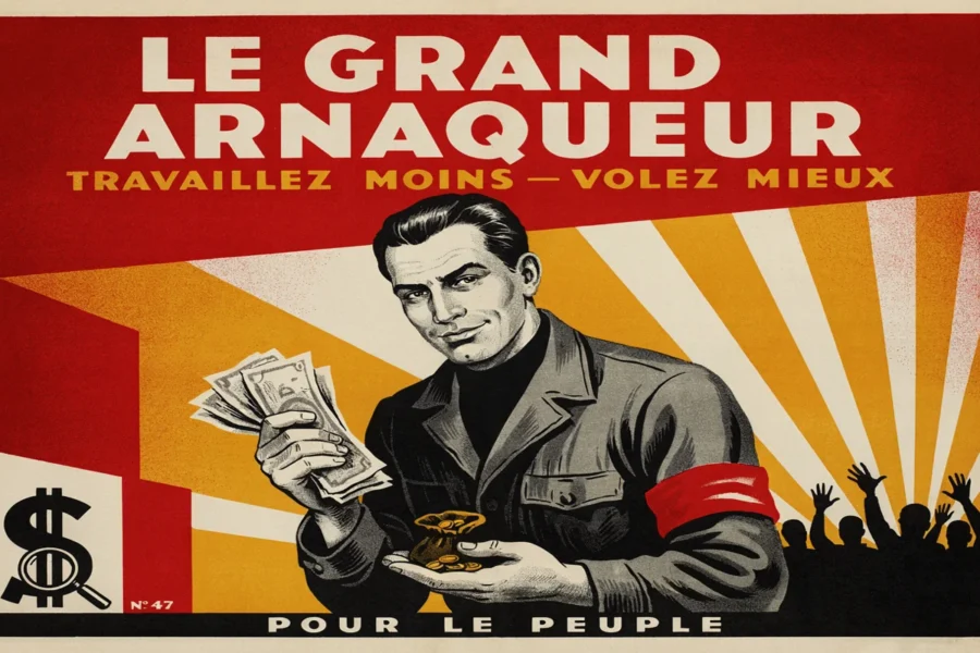 Illustration style propagande montrant un homme avec un brassard rouge présentant des billets et de l'or au-dessus d'une foule en silhouette.