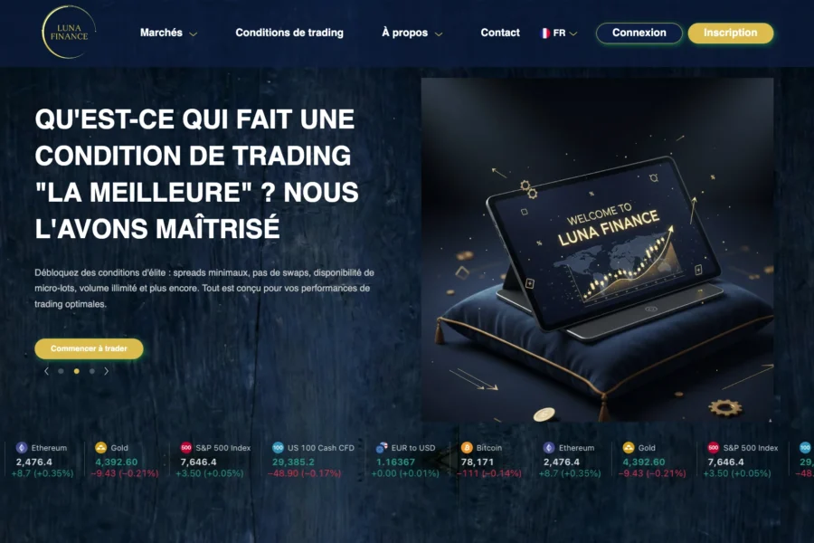 Page web de Luna Finance affichant la promesse de conditions de trading maîtrisées avec une illustration de portefeuille doré.