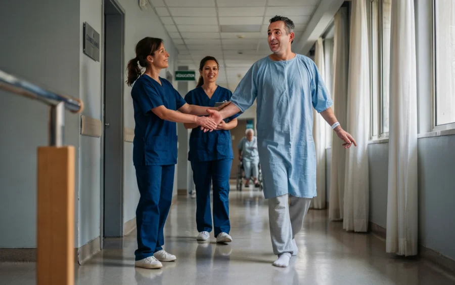 Deux infirmières aident un patient masculin à marcher dans un couloir d'hôpital clippé