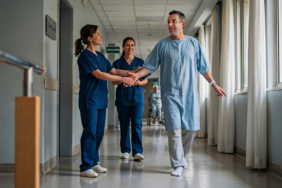 Deux infirmières aident un patient masculin à marcher dans un couloir d'hôpital clippé