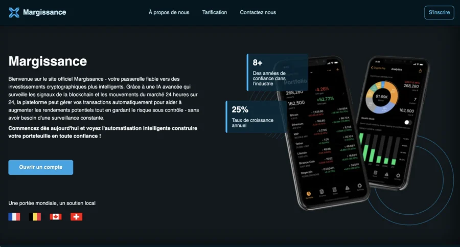 Capture d'écran de l'interface d'accueil Margissance affichant des graphiques sur des téléphones mobiles.