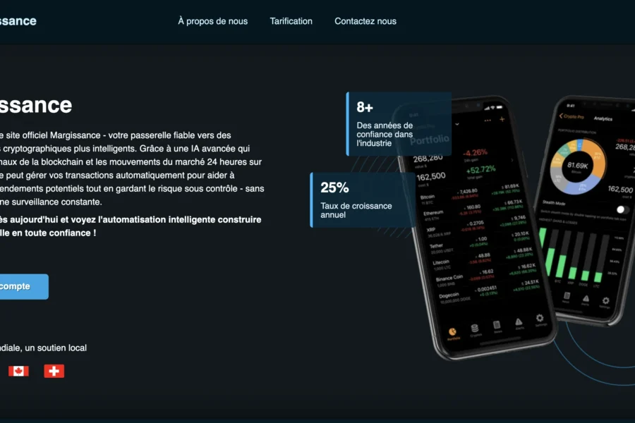 Capture d'écran de l'interface d'accueil Margissance affichant des graphiques sur des téléphones mobiles.