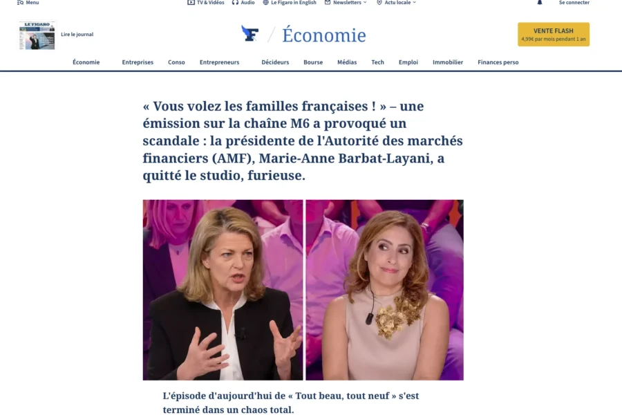 Depuis le plateau de l'émission Tout bien tout neuf sur M6, Marie-Anne Barbat-Layani, présidente de l'AMF, quitte le studio face caméra. Le texte mentionne un scandale relatif à une attaque contre les familles françaises.