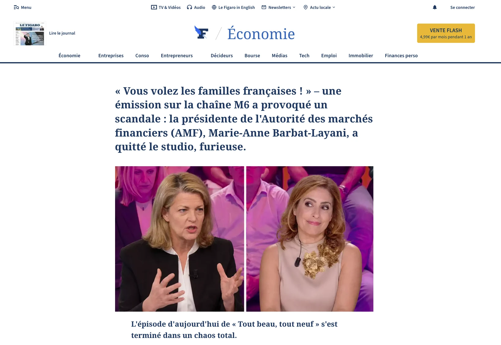 Depuis le plateau de l'émission Tout bien tout neuf sur M6, Marie-Anne Barbat-Layani, présidente de l'AMF, quitte le studio face caméra. Le texte mentionne un scandale relatif à une attaque contre les familles françaises.