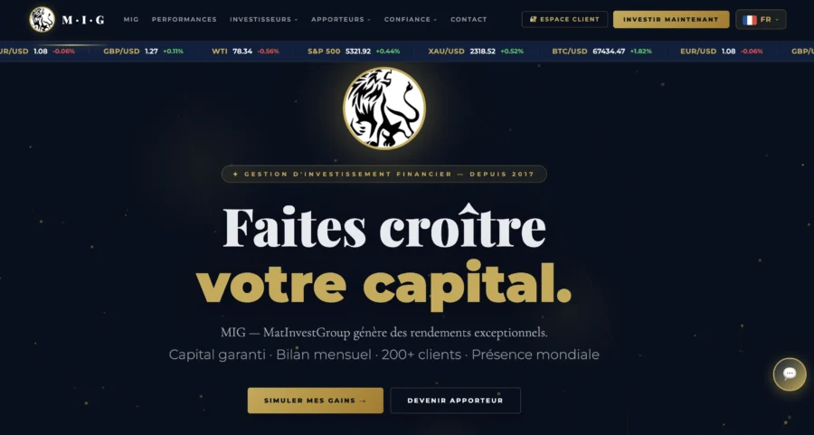 Interface web sombre affichant le slogan 'Faites croître votre capital' et le logo MEG accompagné de mentions d'assurance du capital.