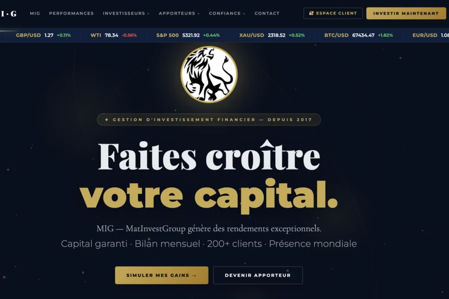 Interface web sombre affichant le slogan 'Faites croître votre capital' et le logo MEG accompagné de mentions d'assurance du capital.