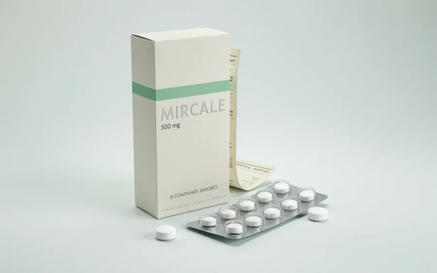 Produit pharmaceutique Mircale 500 mg en boîte blanche avec bandeau vert. À l'avant-plan, une plaquette de comprimés blancs ronds et pilulier.