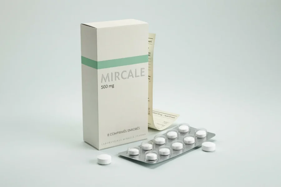 Produit pharmaceutique Mircale 500 mg en boîte blanche avec bandeau vert. À l'avant-plan, une plaquette de comprimés blancs ronds et pilulier.