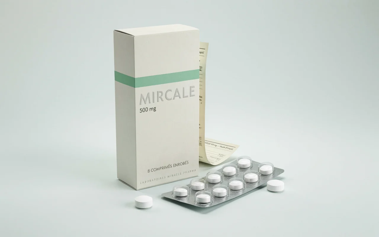 Produit pharmaceutique Mircale 500 mg en boîte blanche avec bandeau vert. À l'avant-plan, une plaquette de comprimés blancs ronds et pilulier.