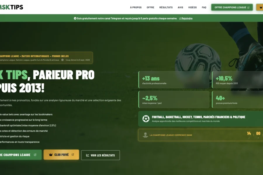 Interface web présentant l'identité visuelle et les statistiques de performance d'une marque de paris sportifs.