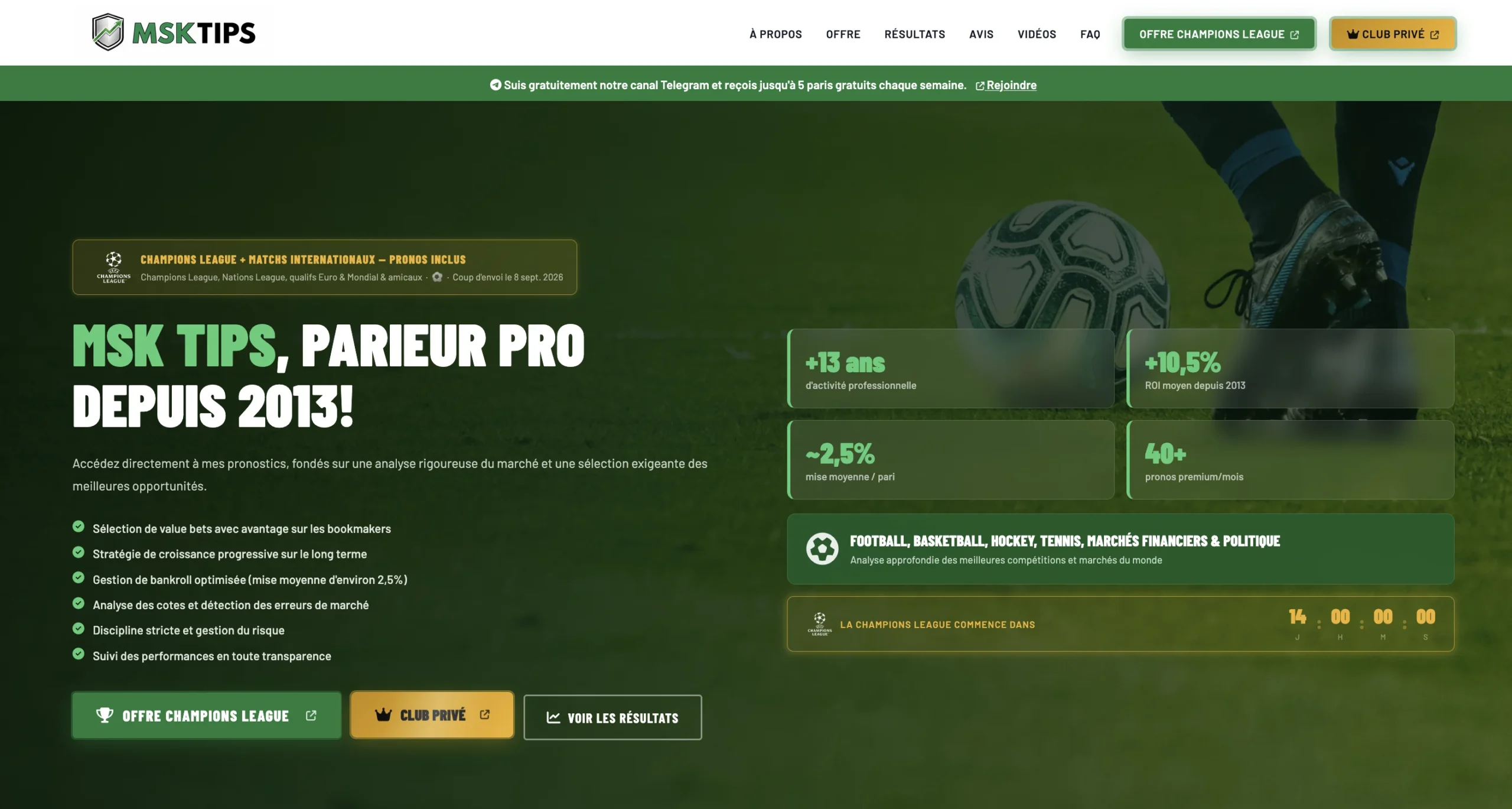Interface web présentant l'identité visuelle et les statistiques de performance d'une marque de paris sportifs.