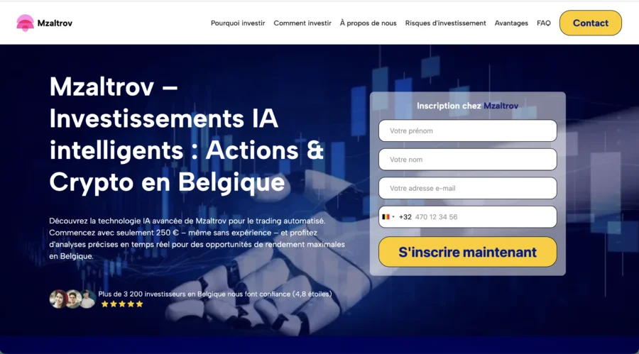 Capture d'écran du site Mzaltrov présentant une inscription pour des investissements IA et crypto en Belgique.