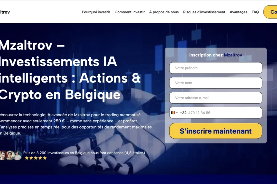 Capture d'écran du site Mzaltrov présentant une inscription pour des investissements IA et crypto en Belgique.