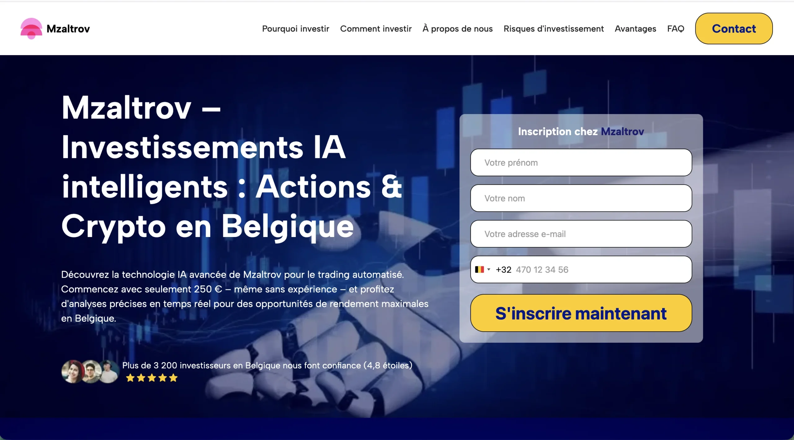 Capture d'écran du site Mzaltrov présentant une inscription pour des investissements IA et crypto en Belgique.