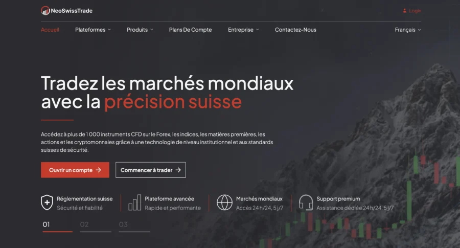 Interface d'un site de trading avec le slogan « Tradez les marchés mondiaux avec la précision suisse » sur fond de montagne.