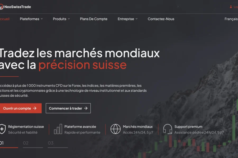 Interface d'un site de trading avec le slogan « Tradez les marchés mondiaux avec la précision suisse » sur fond de montagne.