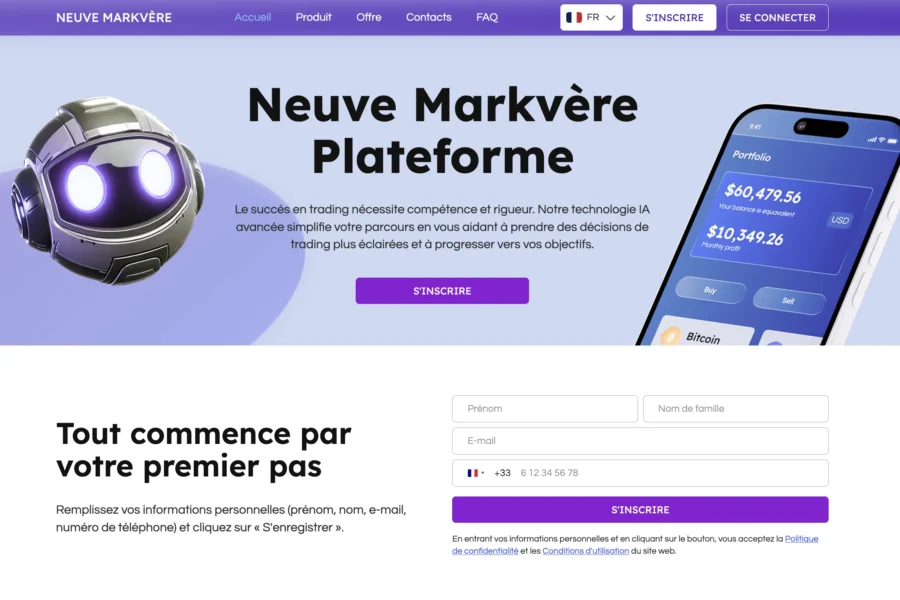 Capture d'écran du site web de la plateforme Neuve Markvere affichant un casque robotique, un smartphone avec des chiffres, et un formulaire d'inscription.