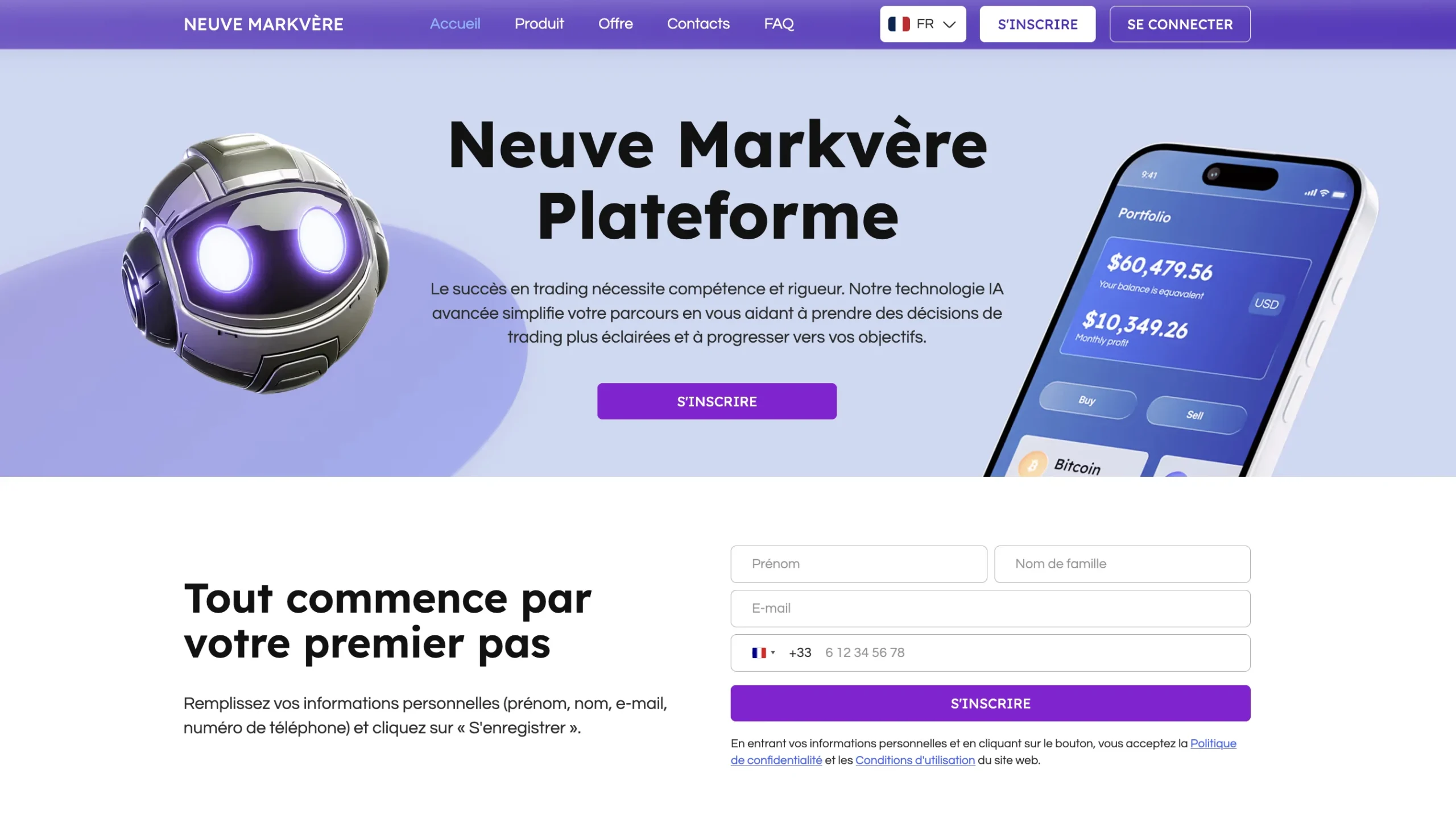 Capture d'écran du site web de la plateforme Neuve Markvere affichant un casque robotique, un smartphone avec des chiffres, et un formulaire d'inscription.