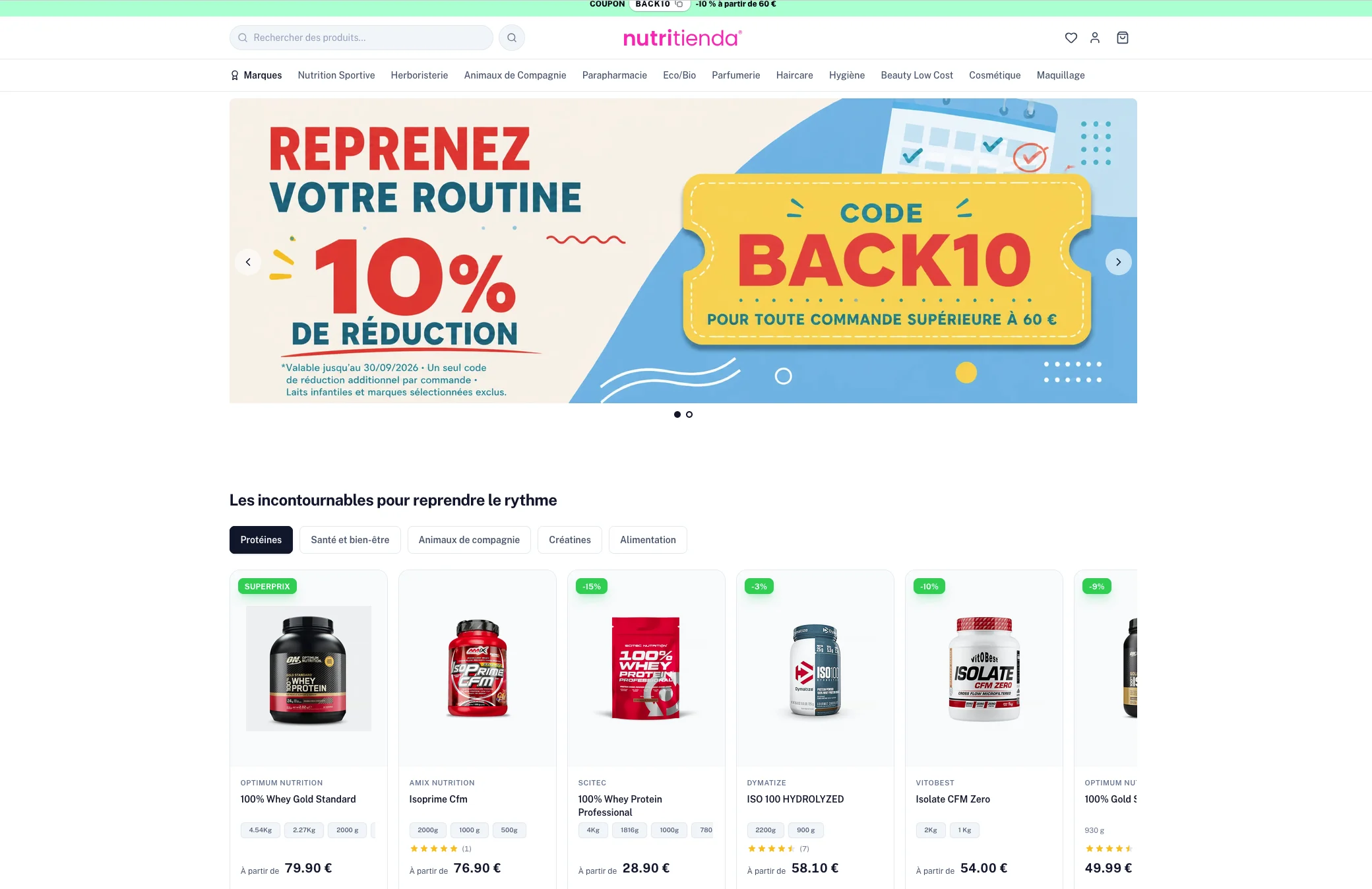 Page d'une boutique en ligne affichant une promotion de dix pour cent de réduction et un code promo.