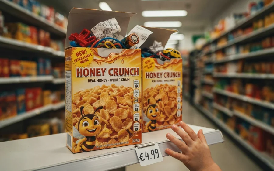 Des boites de céréales Honey Crunch remplies de tickets à gratter sont exposées en rayon avec une étiquette de 4,99 €.