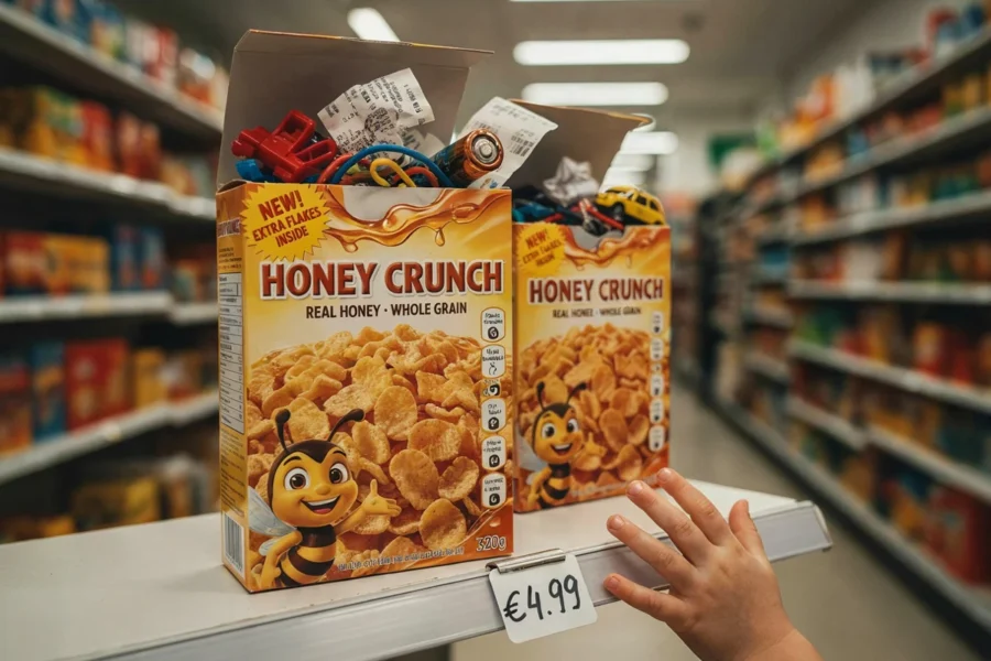 Des boites de céréales Honey Crunch remplies de tickets à gratter sont exposées en rayon avec une étiquette de 4,99 €.