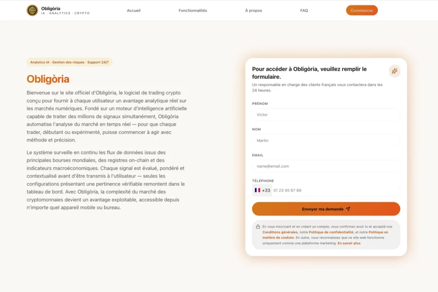 Interface web de la plateforme Obligaria présentant un formulaire d'inscription et des informations générales sur la plateforme de trading de titres à revenu fixe.