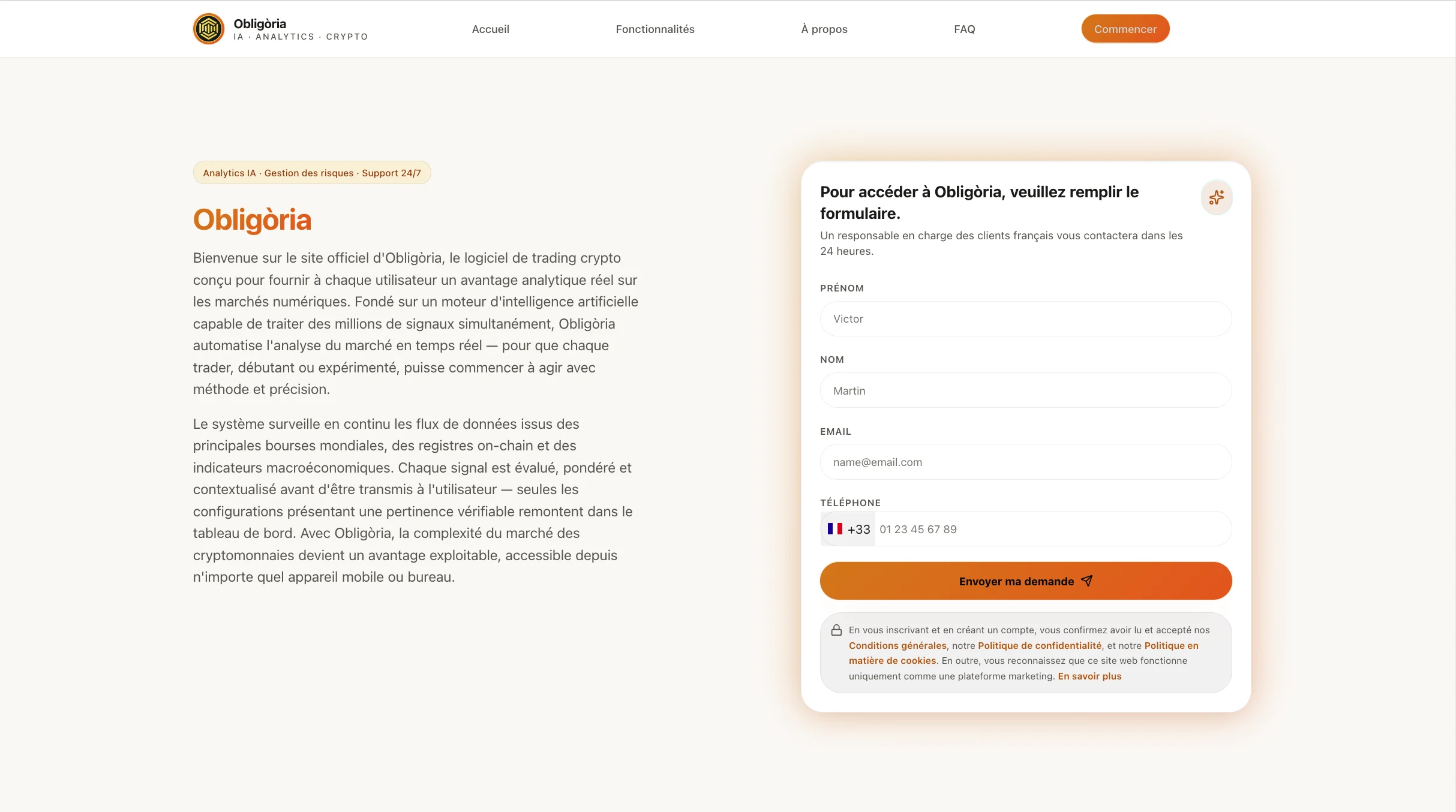 Interface web de la plateforme Obligaria présentant un formulaire d'inscription et des informations générales sur la plateforme de trading de titres à revenu fixe.