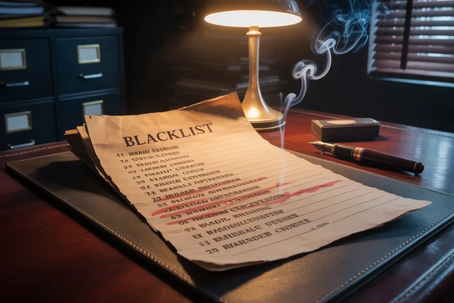 Feuille de papier marquée BLACKLIST posée sur un bureau en bois sombre