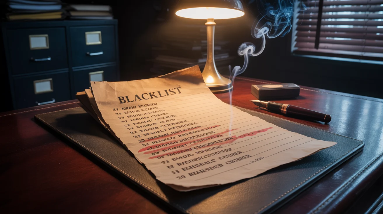 Feuille de papier marquée BLACKLIST posée sur un bureau en bois sombre