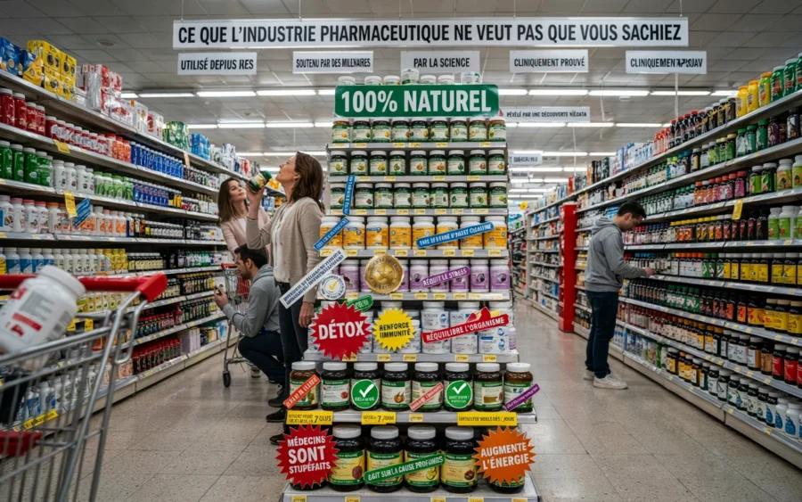 Placard de compléments alimentaires avec l'étiquette 100% naturel et mention sur l'industrie pharmaceutique