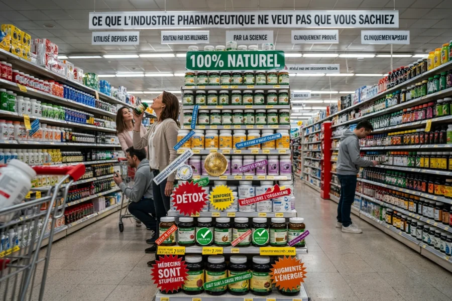 Placard de compléments alimentaires avec l'étiquette 100% naturel et mention sur l'industrie pharmaceutique