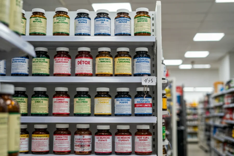 Bouteilles de compléments alimentaires disposées sur des étagères blanches à l'intérieur d'une pharmacie.