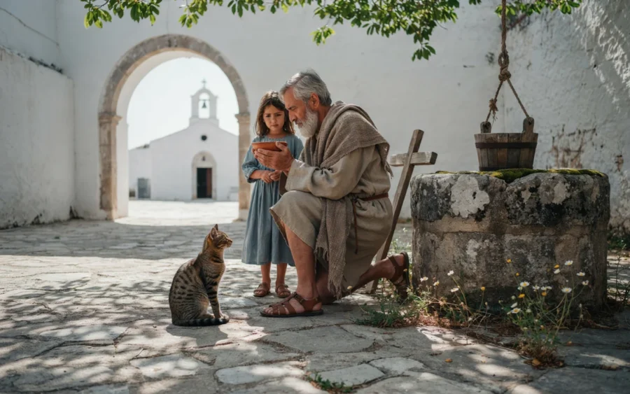 Un homme âgé en habits de moine à genoux causeux avec une jeune fille dans une cour intérieure de pierre.