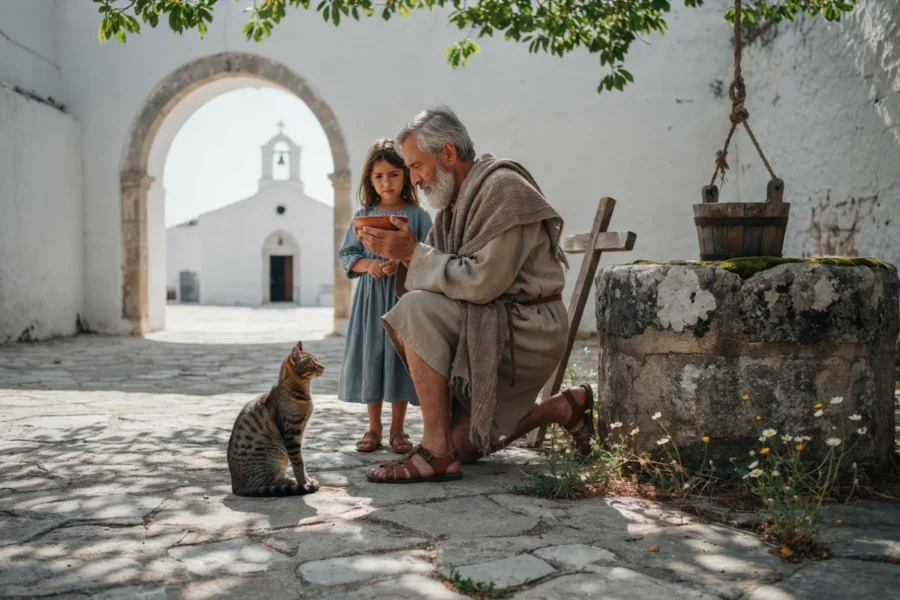 Un homme âgé en habits de moine à genoux causeux avec une jeune fille dans une cour intérieure de pierre.