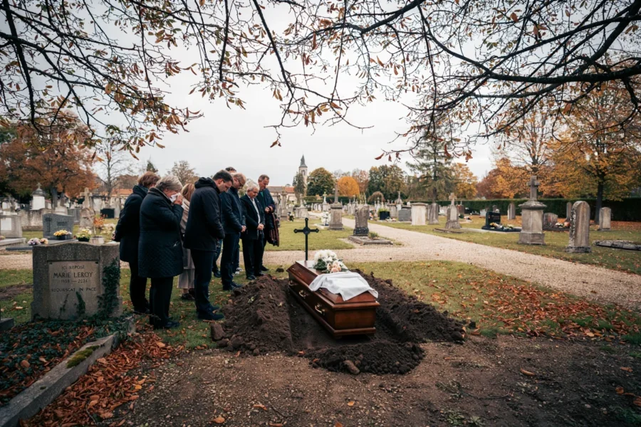 Une cérémonie funéraire se déroule dans un cimetière, avec un cercueil ouvert posé dans une fosse et des personnes présentes autour.