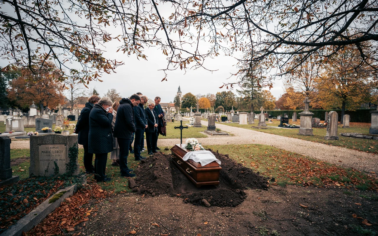 Une cérémonie funéraire se déroule dans un cimetière, avec un cercueil ouvert posé dans une fosse et des personnes présentes autour.