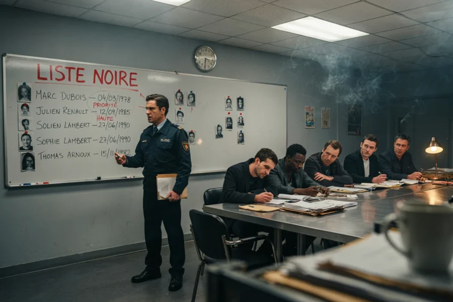 Un homme présente un tableau intitulé LISTE NOIRE à un groupe d'agents dans une salle de réunion.