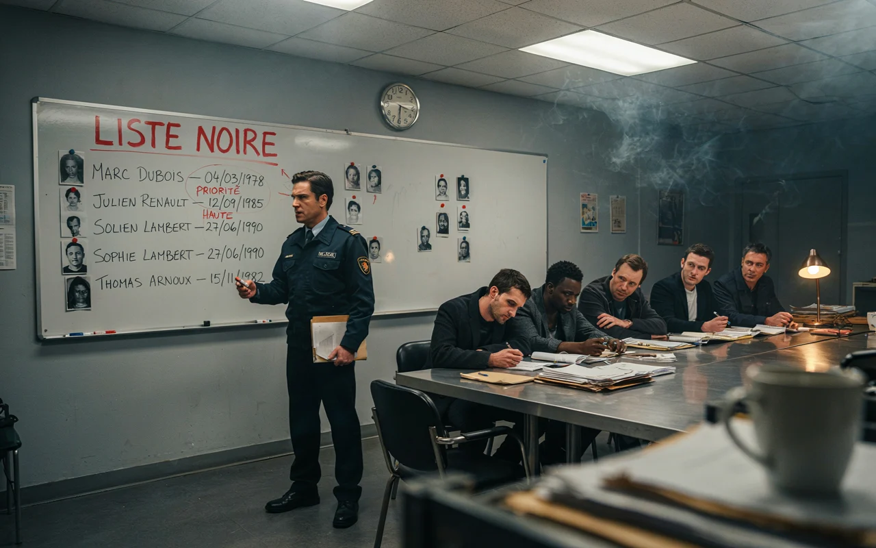 Un homme présente un tableau intitulé LISTE NOIRE à un groupe d'agents dans une salle de réunion.