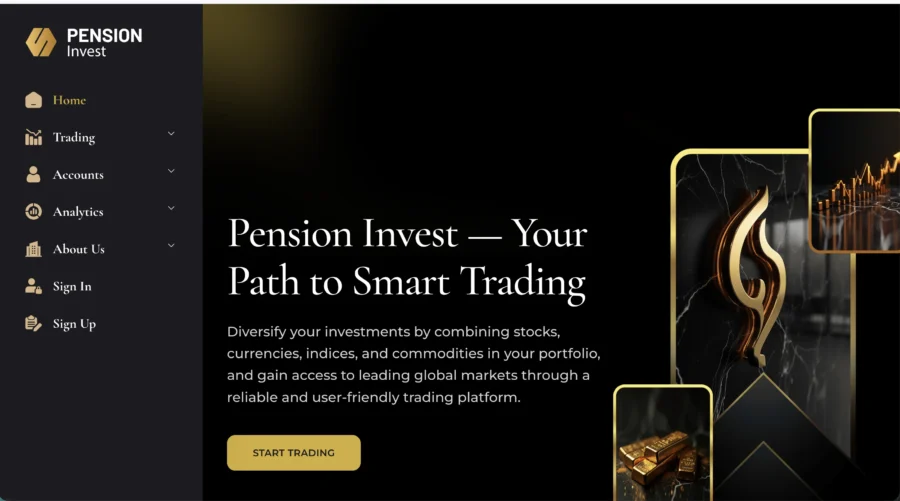 Capture d'écran de l'interface de Pension Invest mettant en avant les services de trading en ligne avec un menu latéral et des graphiques financiers.