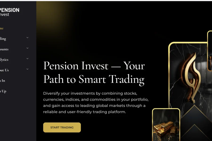 Capture d'écran de l'interface de Pension Invest mettant en avant les services de trading en ligne avec un menu latéral et des graphiques financiers.