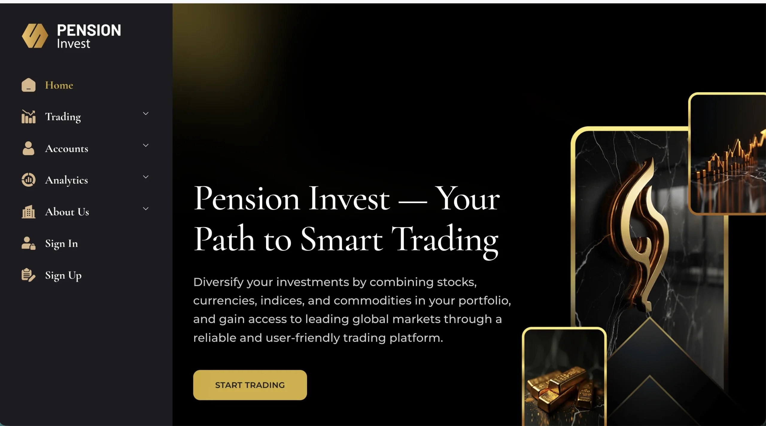 Capture d'écran de l'interface de Pension Invest mettant en avant les services de trading en ligne avec un menu latéral et des graphiques financiers.