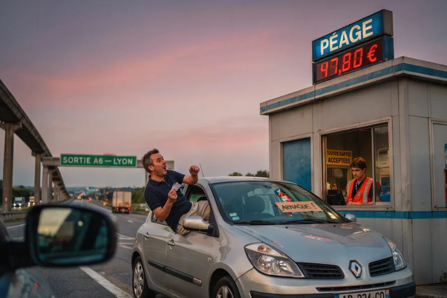 Un homme se débat près de son véhicule sur le parking d’un poste de péage.