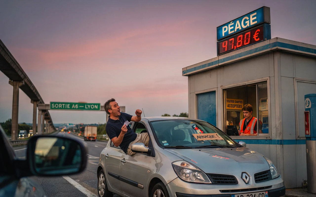 Un homme se débat près de son véhicule sur le parking d’un poste de péage.