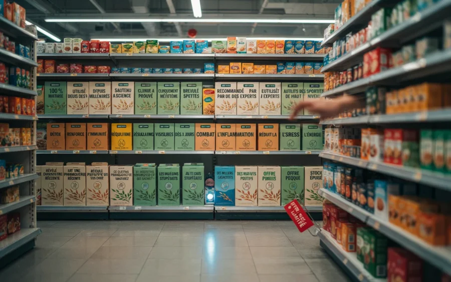 Aperçu d'une allée de supermarché où un robot de type PiBots range des produits sur les étagères.