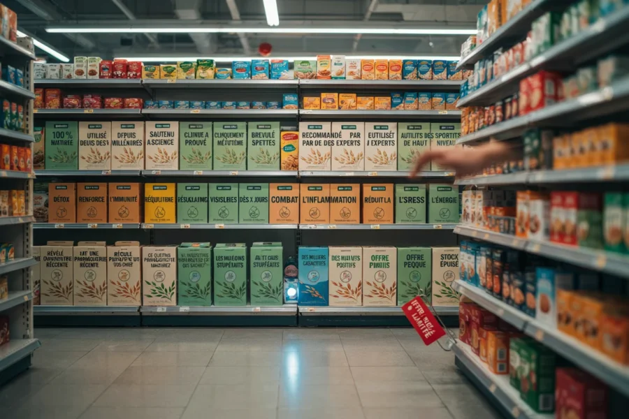 Aperçu d'une allée de supermarché où un robot de type PiBots range des produits sur les étagères.