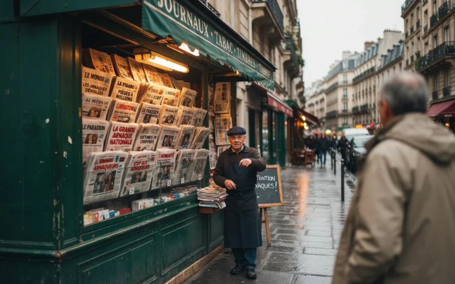 Un kiosque à journaux vert-brun avec étals visibles et passants arborant chapeau, dans une rue parisienne humide reflétant les lumières blanches.